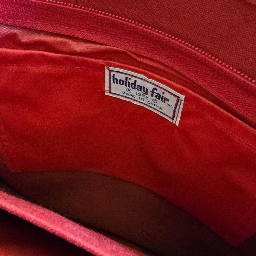Holiday Fair‎ Red Canvas Briefcase Genuine Leather Trim Vintage